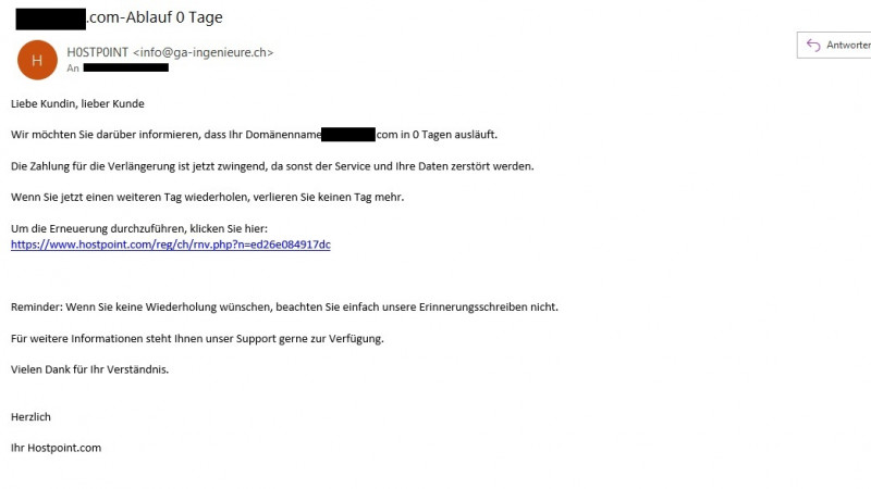 Hostpoint Phishing-Mail mit Einforderung von Kreditkartendaten