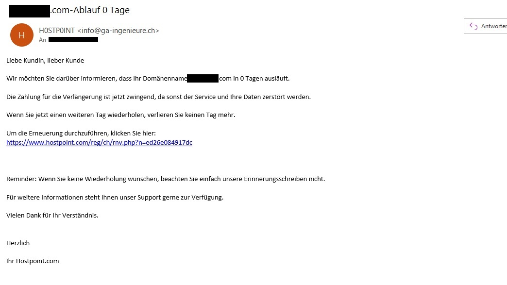 Hostpoint PhishingMail mit Einforderung von Kreditkartendaten