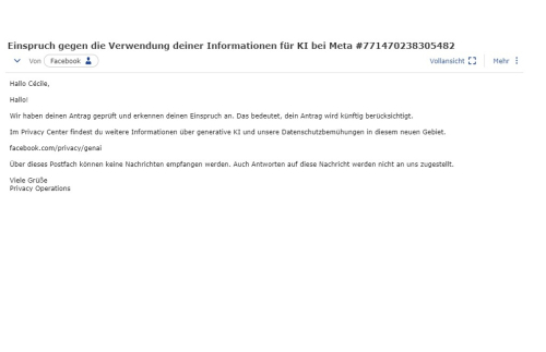 E-Mail von Meta bzgl. Einspruch