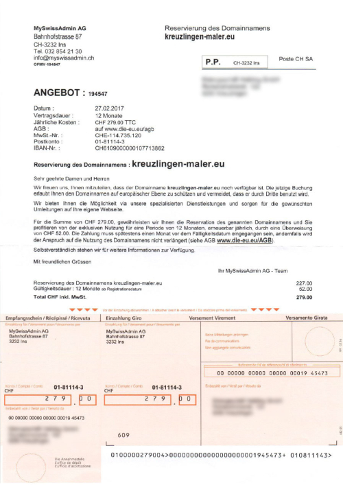 Beispiel einer Fake Rechnungen von MySwissAdmin AG