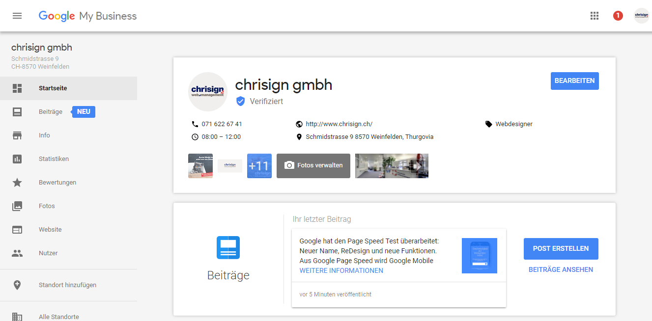 Google My Business Dashboard mit bestehenden Einträgen