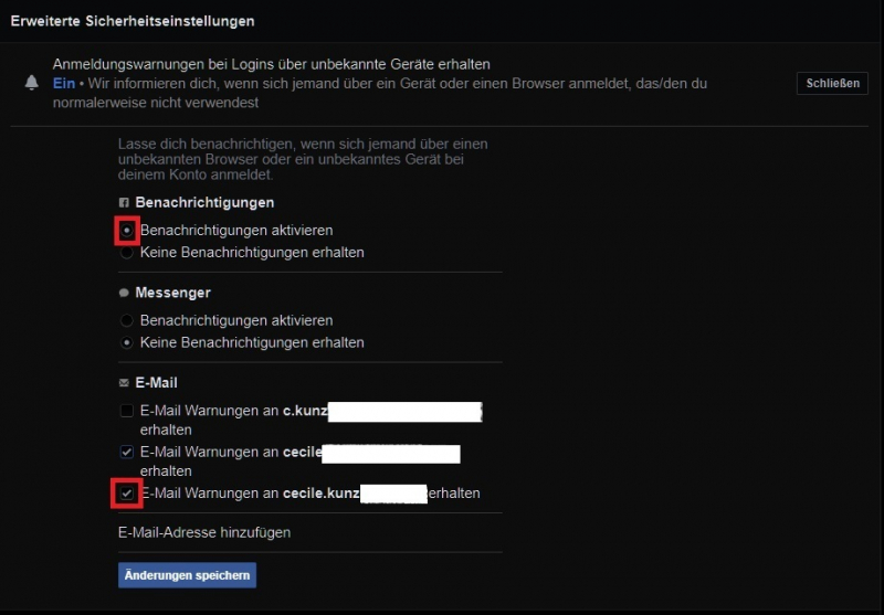 Facebook Anmeldungswarnungen bei Logins über unbekannte Geräte aktivieren