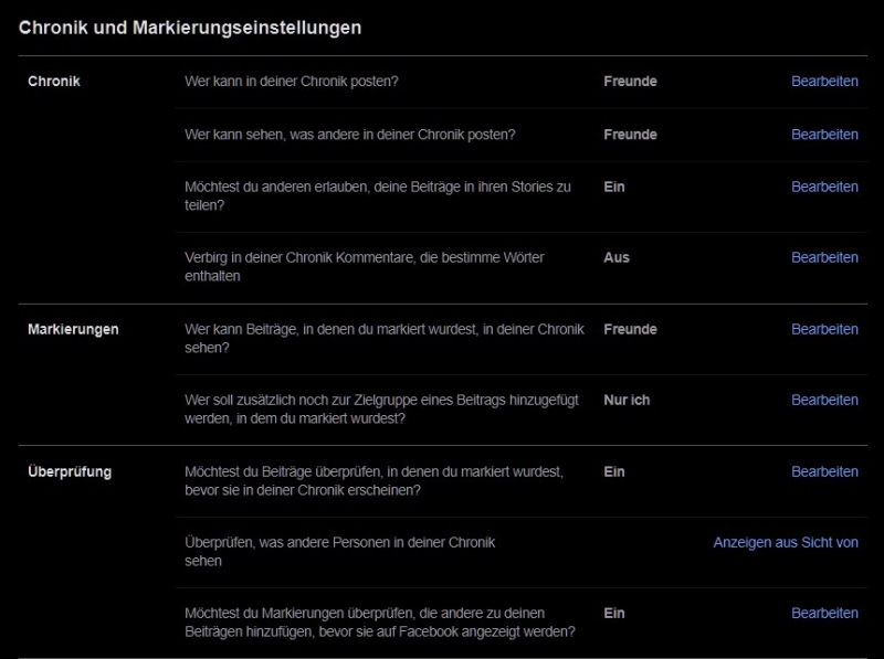 Facebook Einstellungen zu Chronik und Markierungen überprüfen