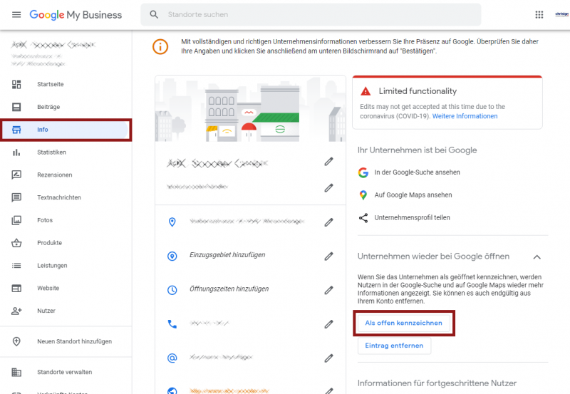 Google My Business temporäre Schliessung rückgängig machen