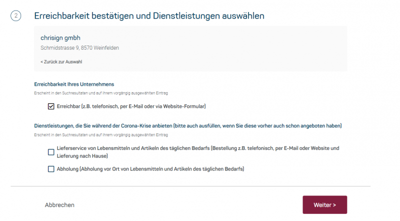 Erreichbarkeit bestätigen und Dienstleistung auswählen