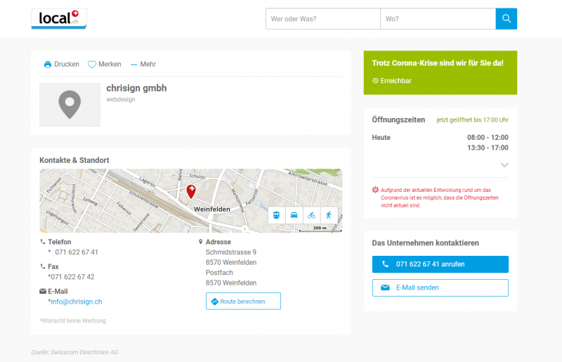 Unternehmenseintrag während der Corona Pandemie bei localsearch