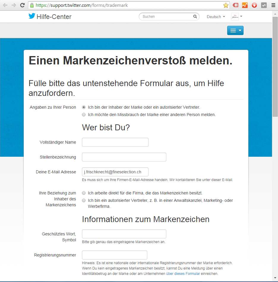 Twitter Formular „Einen Markenzeichenverstoss melden.“