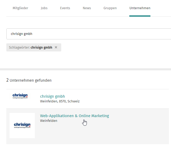 Business Seite in der XING Suche