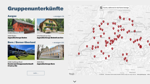 Startseite &Uuml;bersicht der Gruppenunterk&uuml;nfte mit einer Kartenansicht